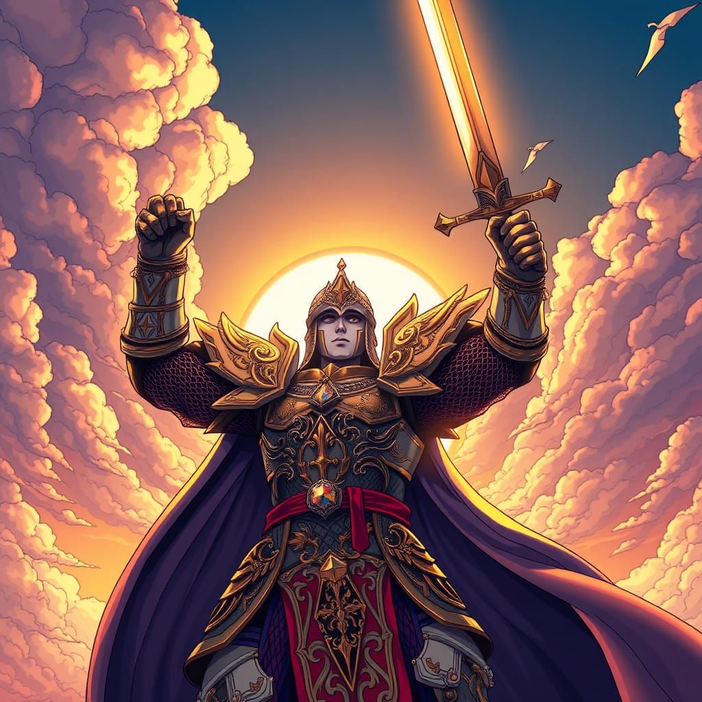 Heroic Knight Raises Sword in Anime Style