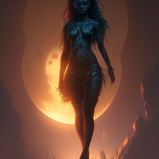 African Moon Goddess in Dark Fantasy Style