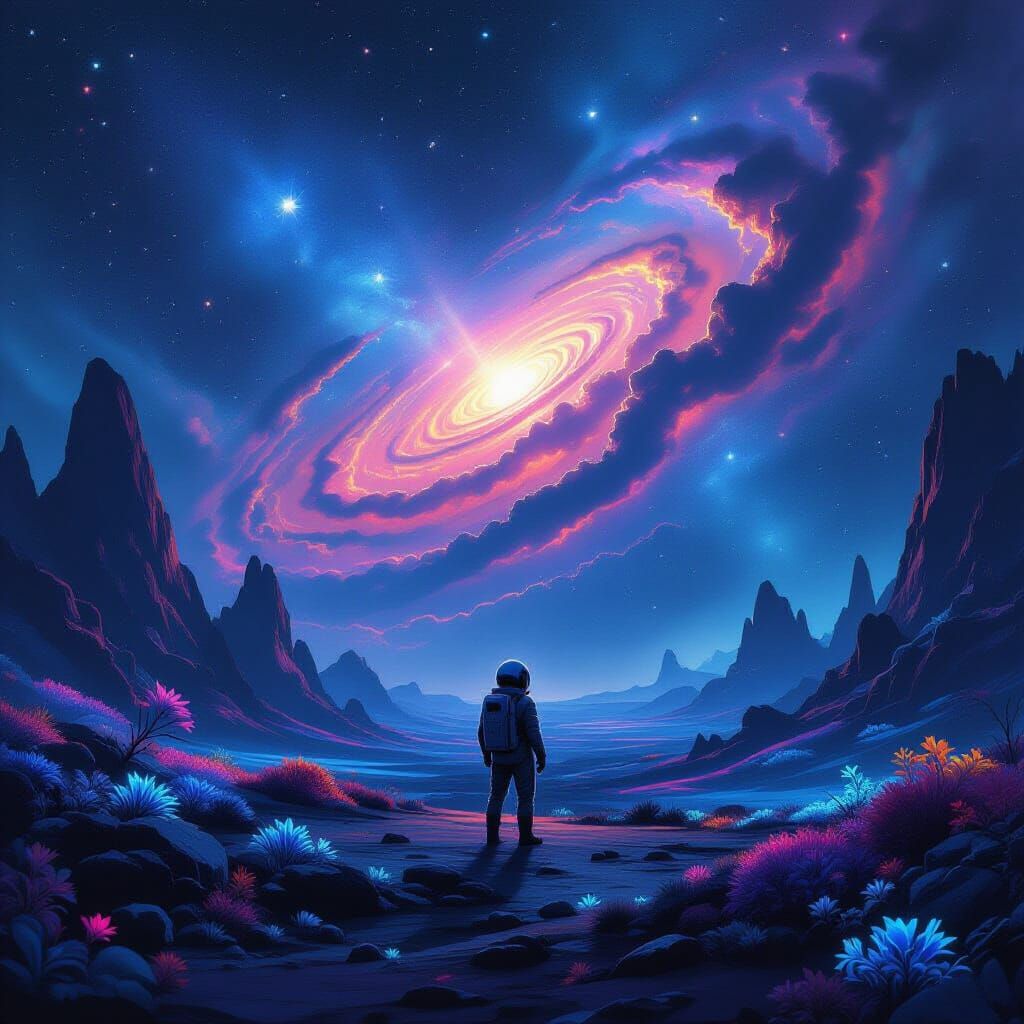 Astronaut on Alien Planet Gazing at Nebula