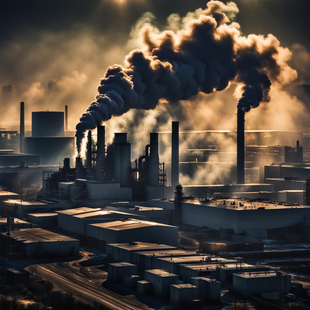 Factory Smoke Eclipses Sun: Hyperrealistic Industrial Scene