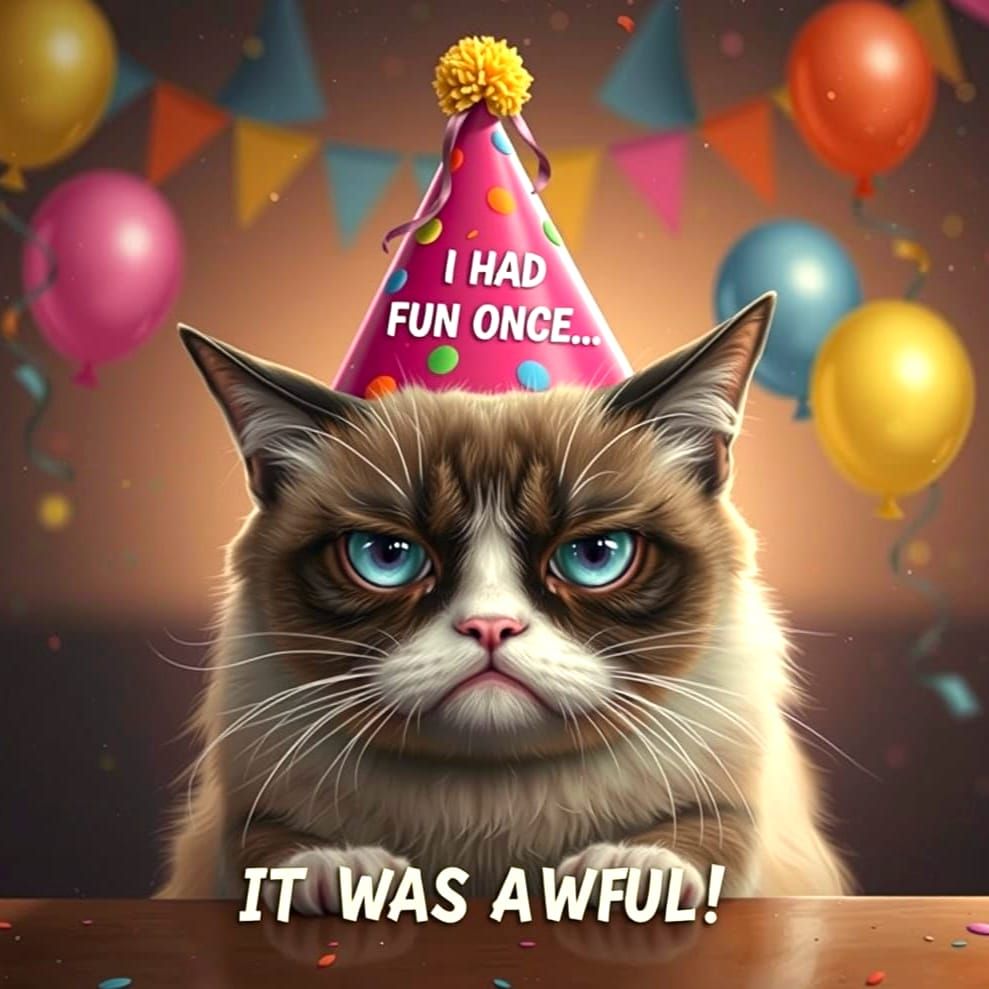 Photorealistic Portrait of a Grumpy Cat in a Party Hat