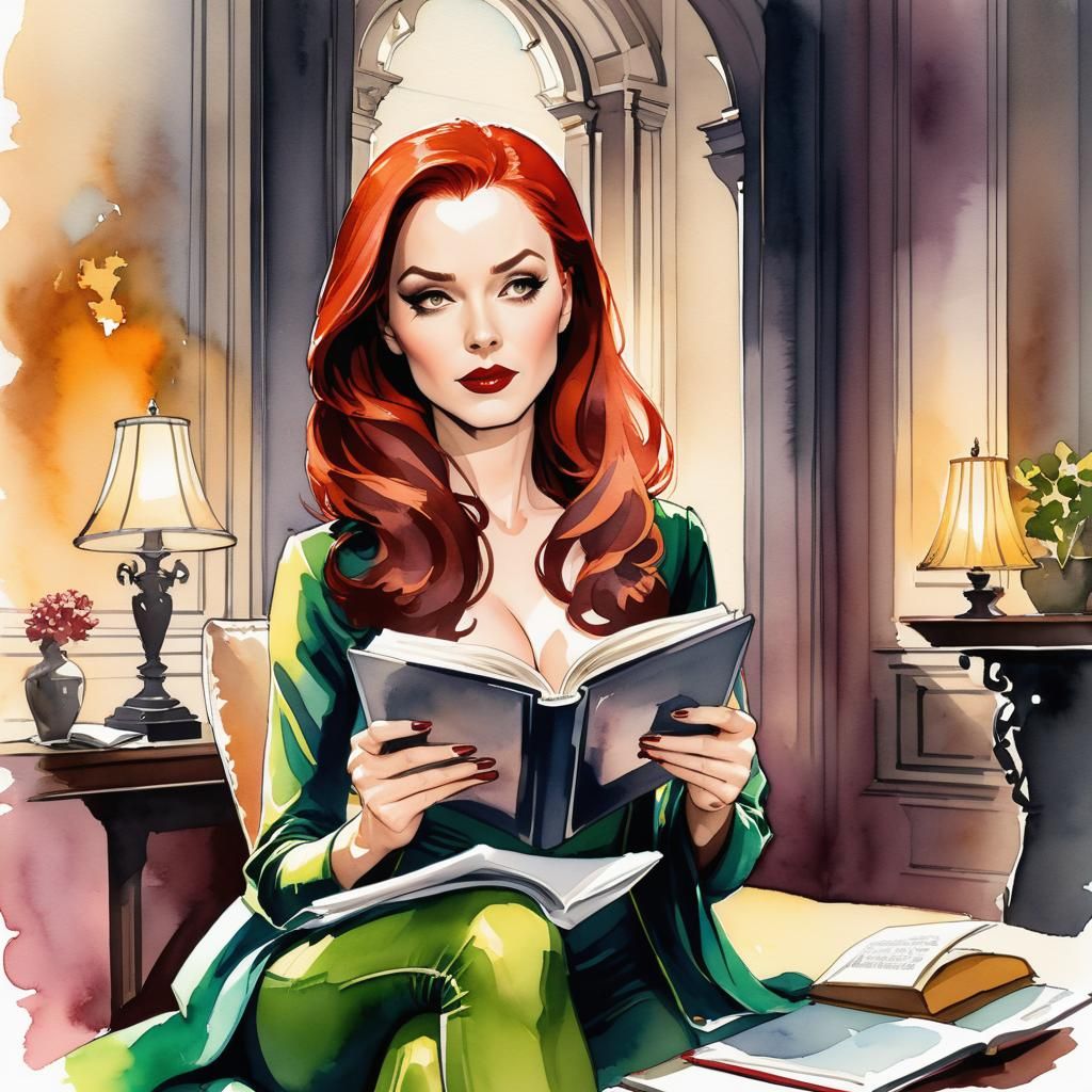 Jean Grey Reading: Watercolor Portrait