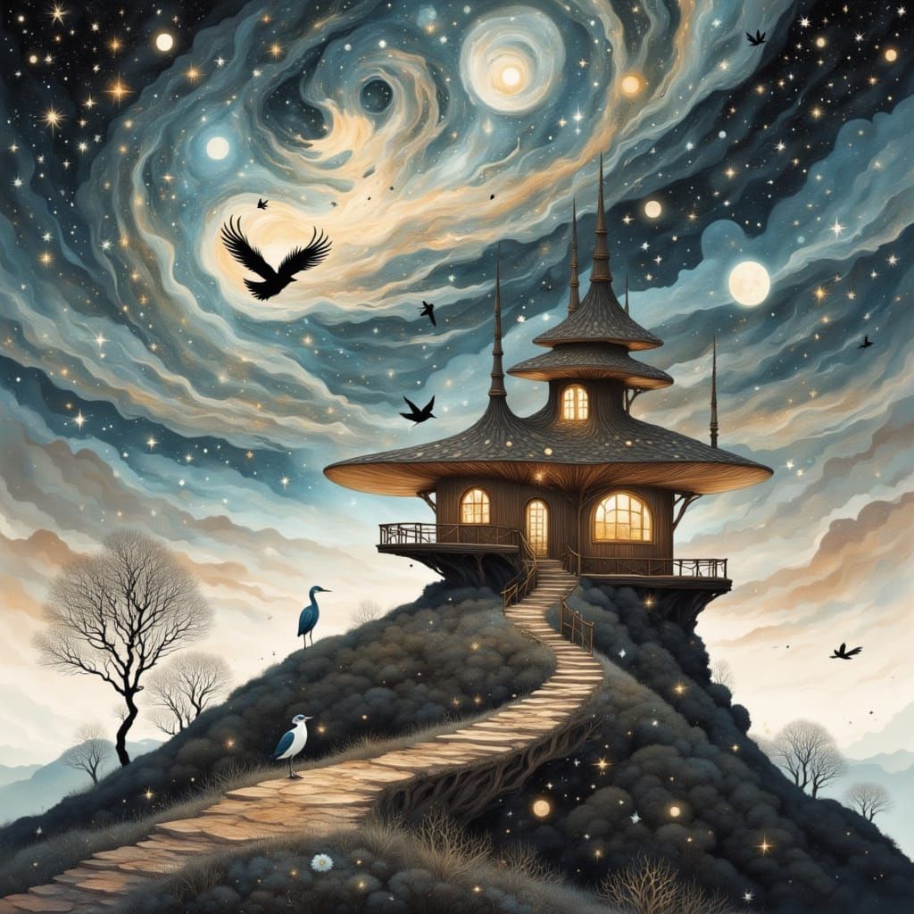 <lora:Melancholia:1.0> A whimsical house intricately designed as a giant mushroom rests upon a floating island. A windin...