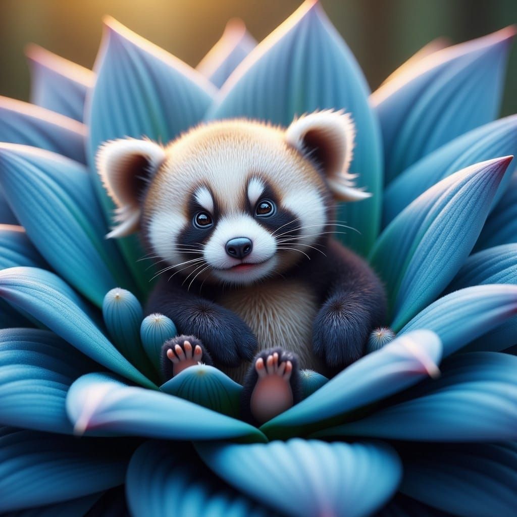 Miniature Panda Waking in Blue Flower