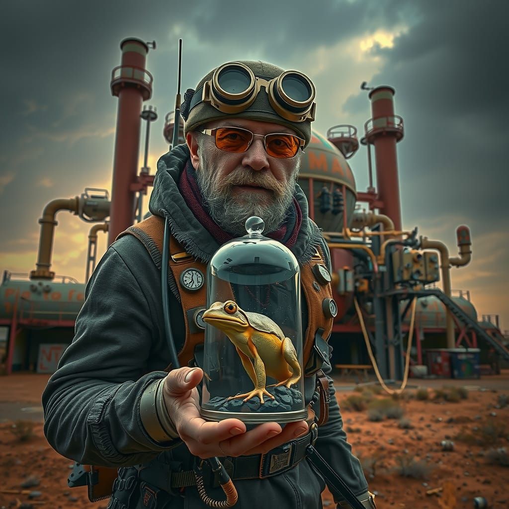 Futuristic Collector in Dystopian Steampunk Landscape