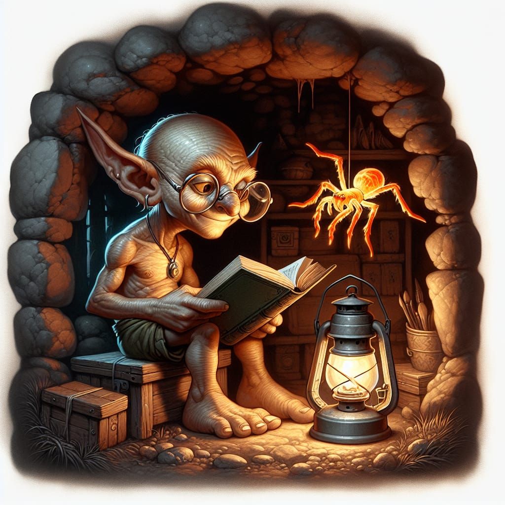 Goblin Reading by Lantern Light in Cave Alcove