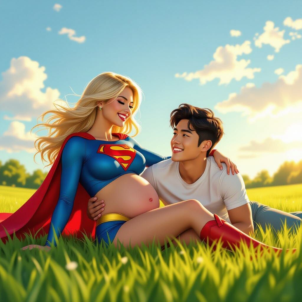 Pregnant Supergirl and Man on Field in Golden Hour