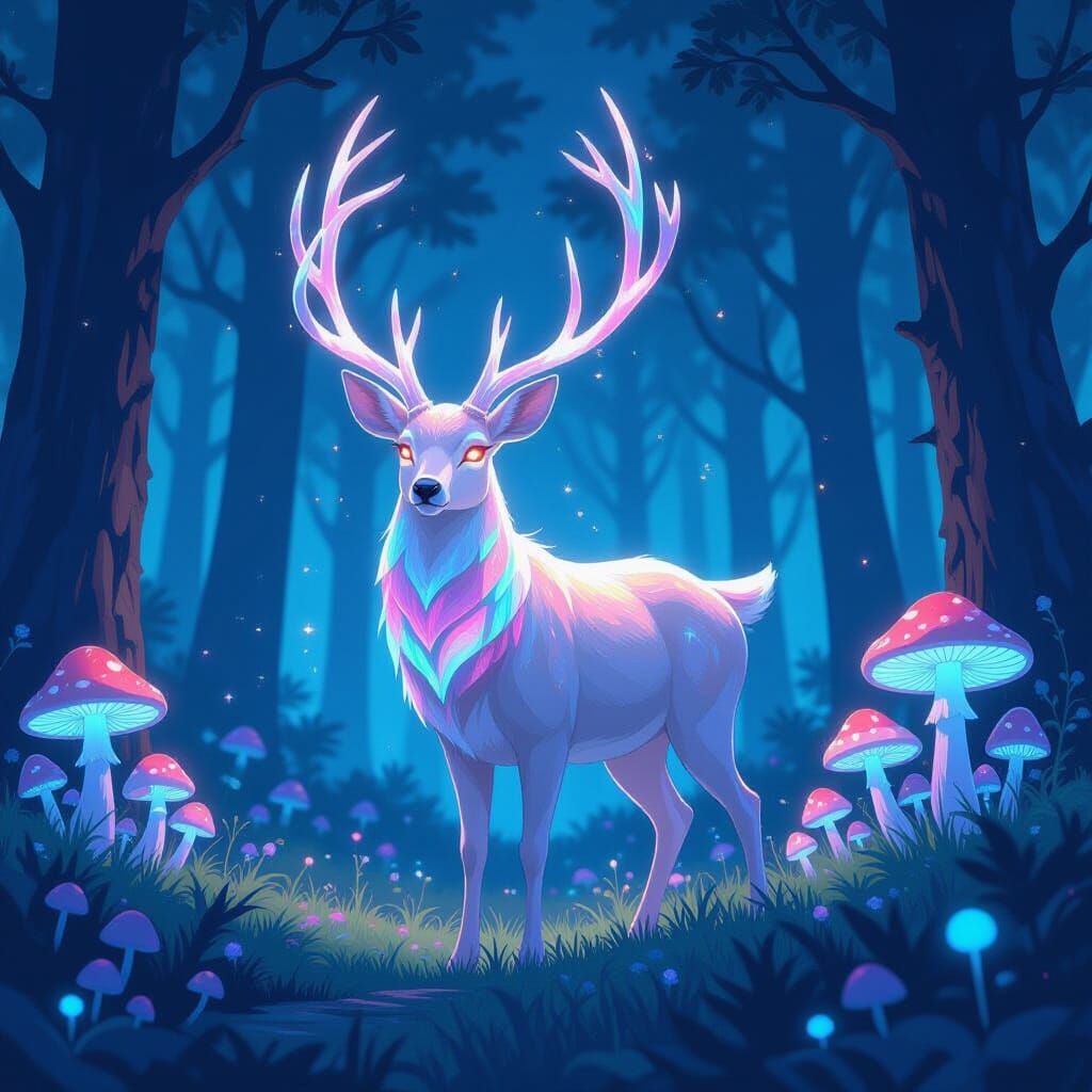 Bioluminescent Deer in Anime Style Forest