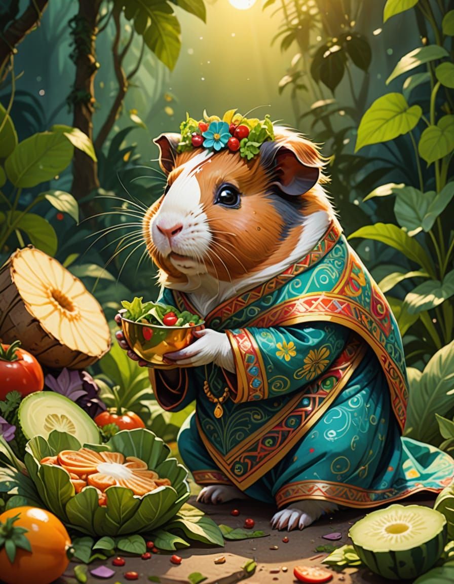Magical Horned Guinea Pig in Sari Eats Salad