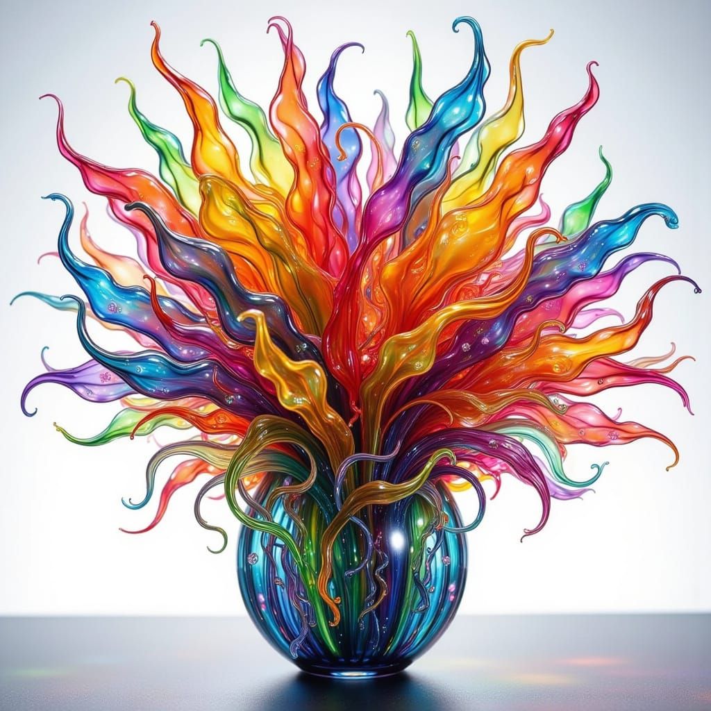 Vibrant Iridescent Glass Sculpture in a Kaleidoscope of Rain...