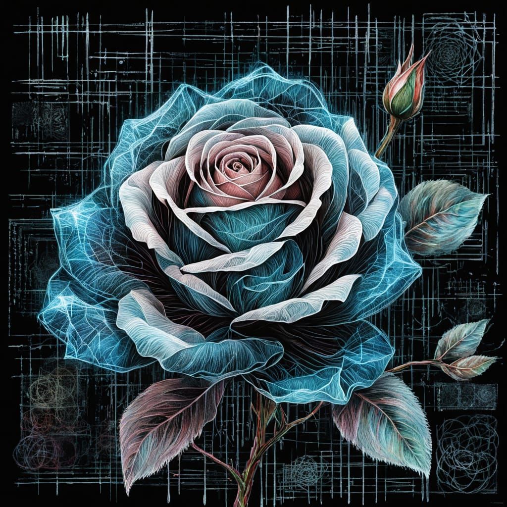 Ghostly Rose in Matrix Code Scratch Art Style