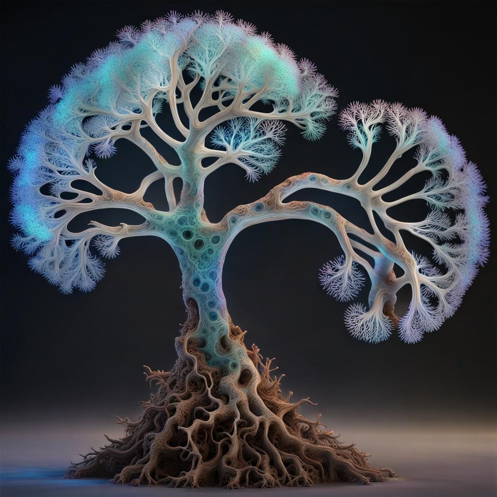 Bioluminescent Alien Fibonacci Tree with Crystal Fungi