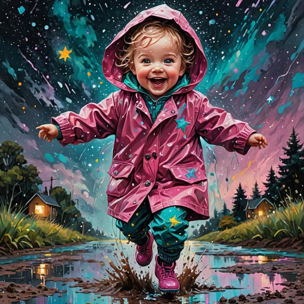 Toddler's Rainy Day Joy: Psychedelic Holographic Art