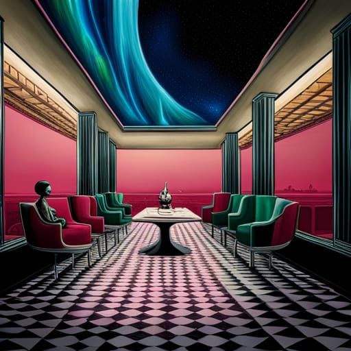 Hyper realistic stunning stylish space cafe terrace, floatin...