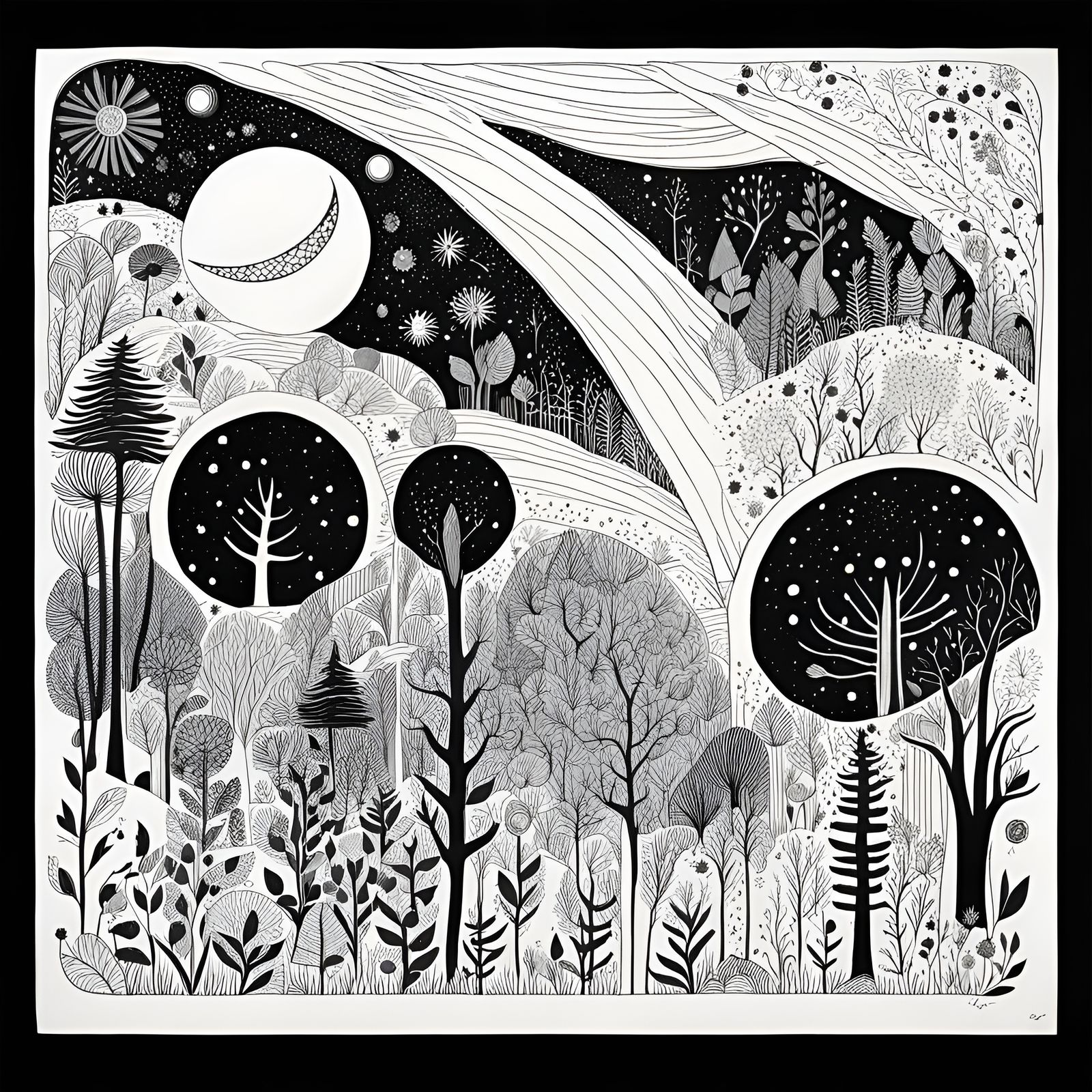 Enchanted Forest Under Vibrant Moon in Art Brut Style