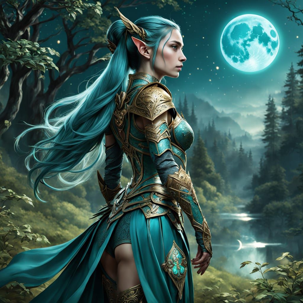 Ethereal Elf Warrior in Teal Moonlight