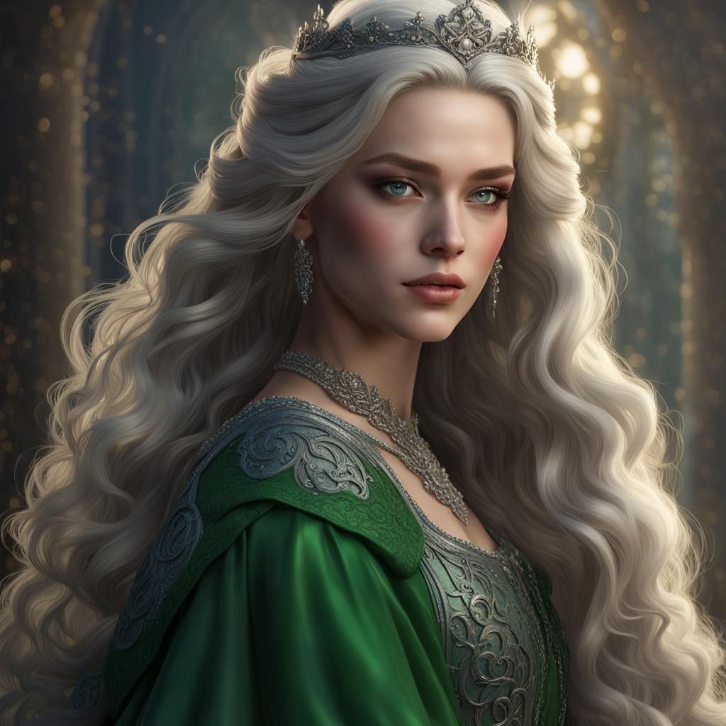 Silver-Haired Woman in Green Gown, Digital Art