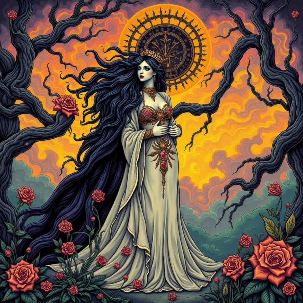 Surreal Holy Woman Embraces Luminous Sunrise in Gothic Fores...