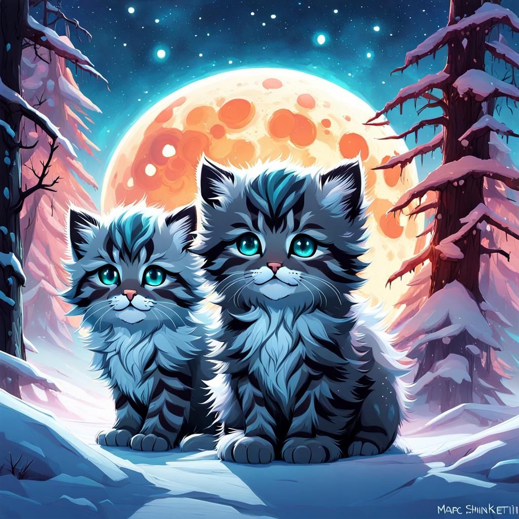 Manul Kittens Constellation in Bioluminescent Aurora