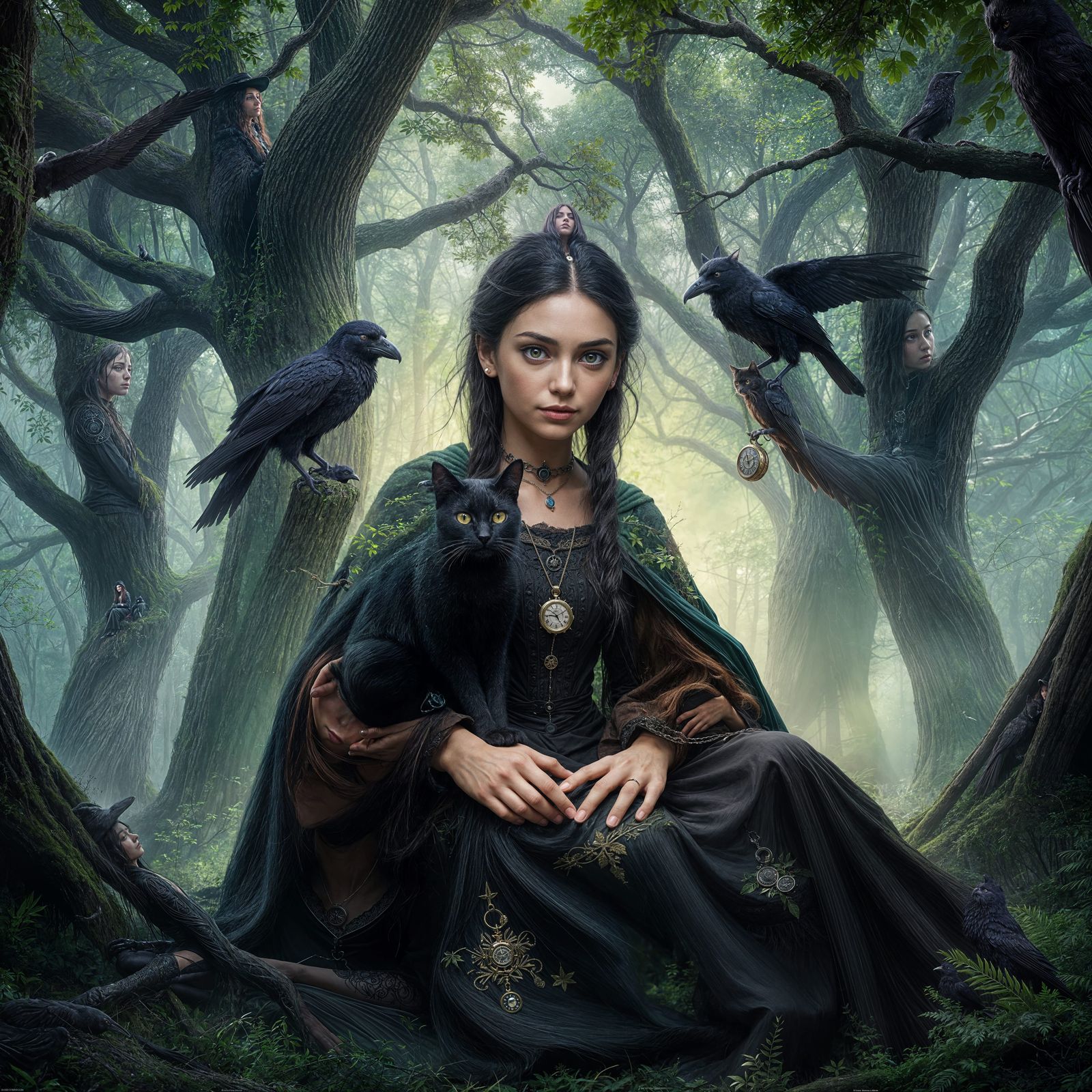 Mystical Witch Enchants Emerald Forest in Hyperrealistic Sty...