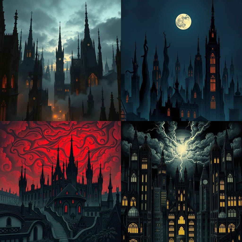 Symmetrical Art Nouveau Cityscape in Dark Splendor