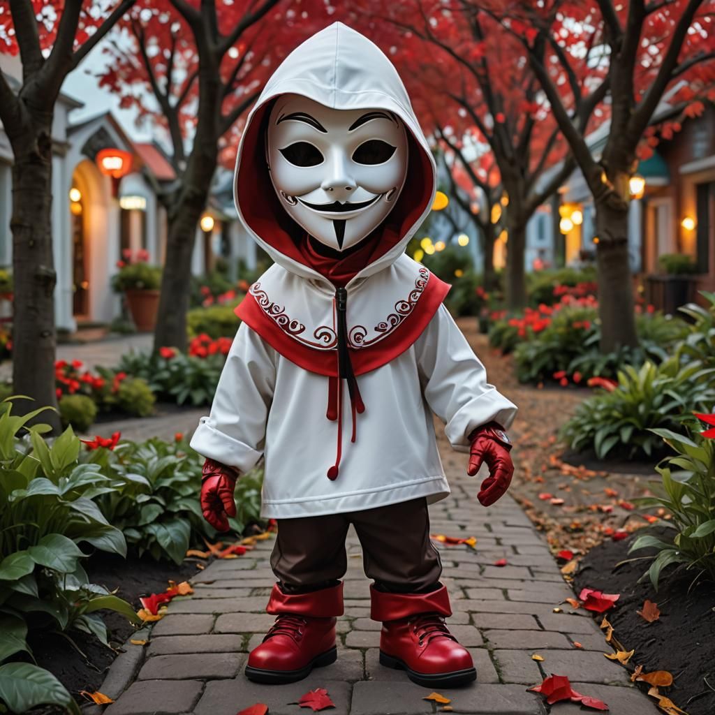 Chibi Figure in Red Mask in Neon Garden