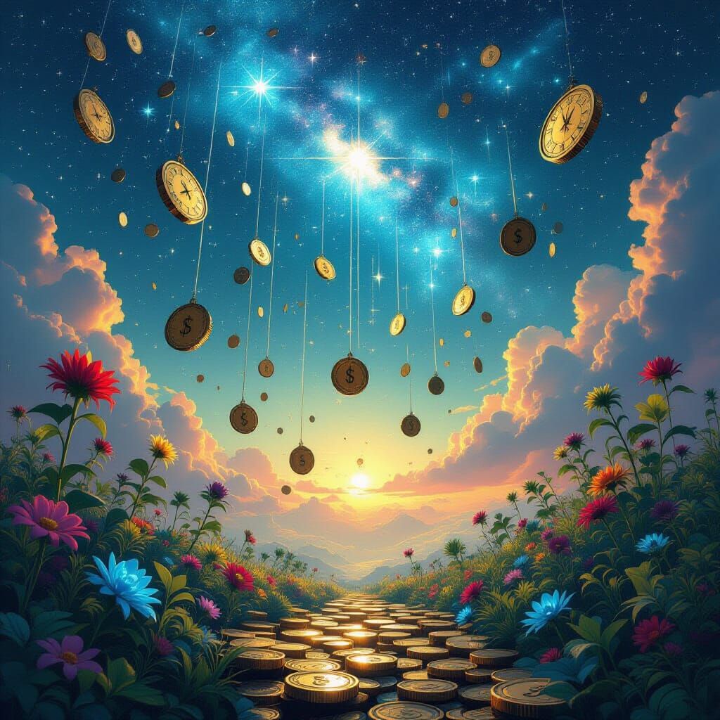 Surreal Dreamscape of Giant Coins and Bioluminescent Flora