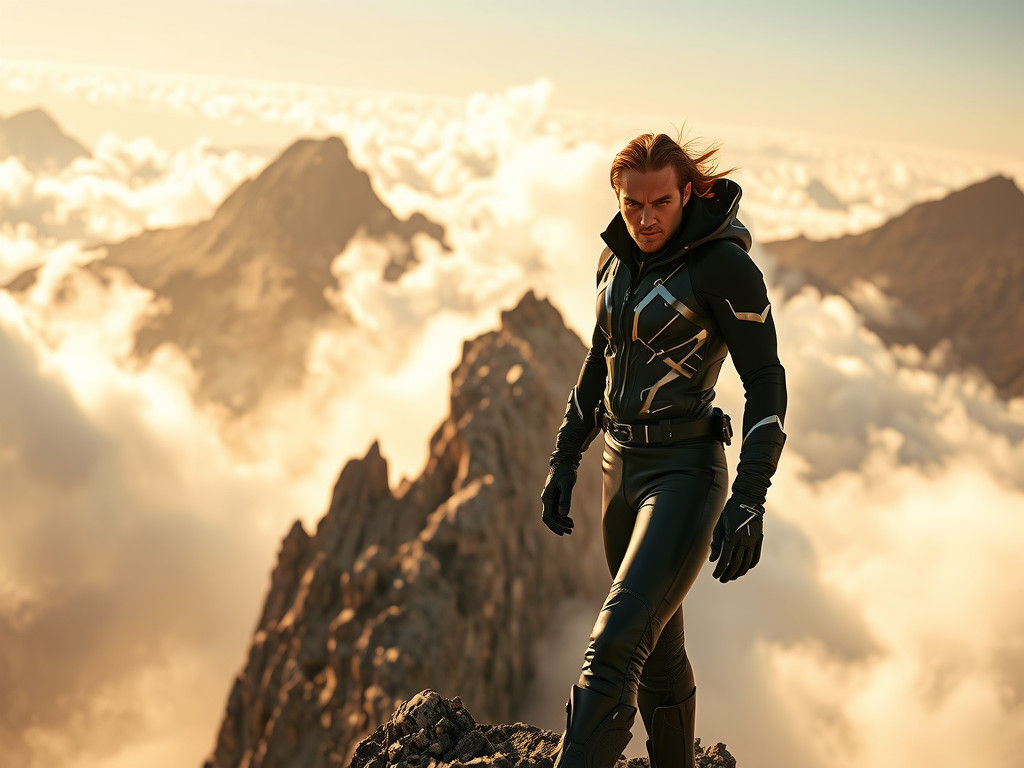 Determined Figure at Mountain Peak in Futuristic Style