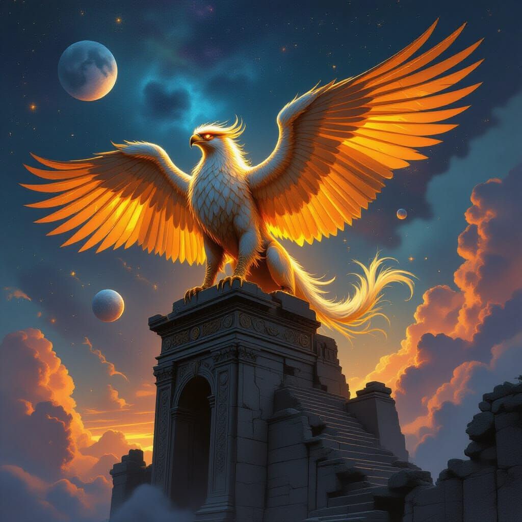 Majestic Griffin with Molten Gold Feathers in Epic Fantasy A...