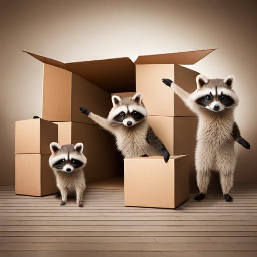 Raccoon Family Moving House with Boxes Portrait