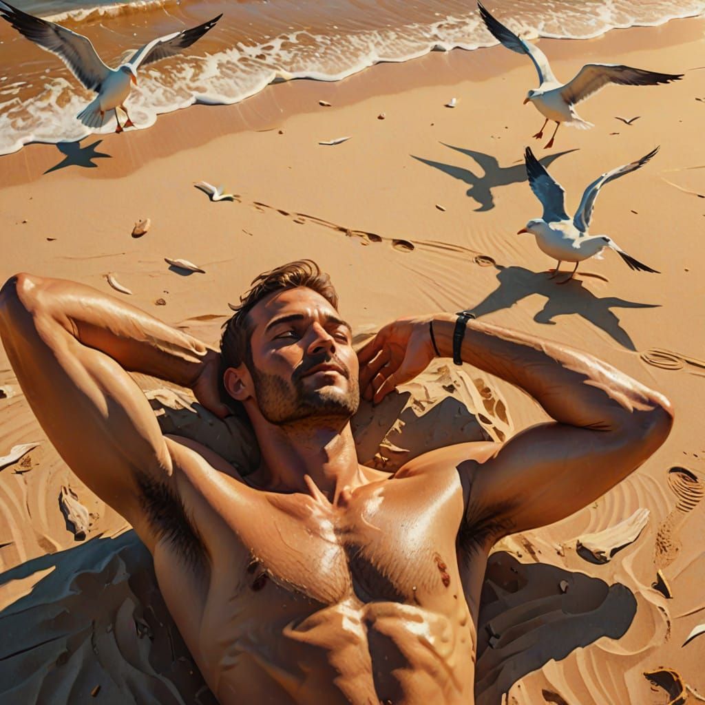 man with hairy armpits relaxing bare chested on the beach wi...