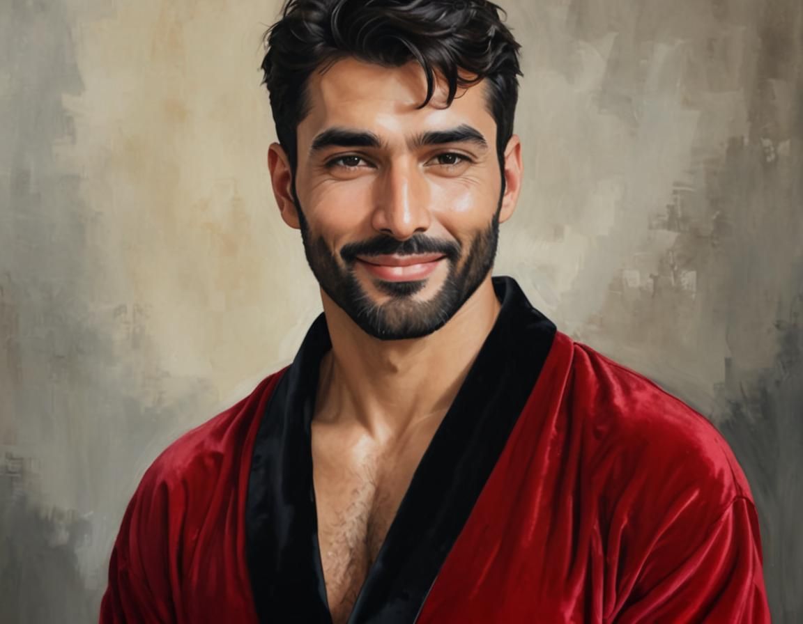 Handsome Man in Red Velvet Bathrobe, Alcohol Ink Oil Paintin...