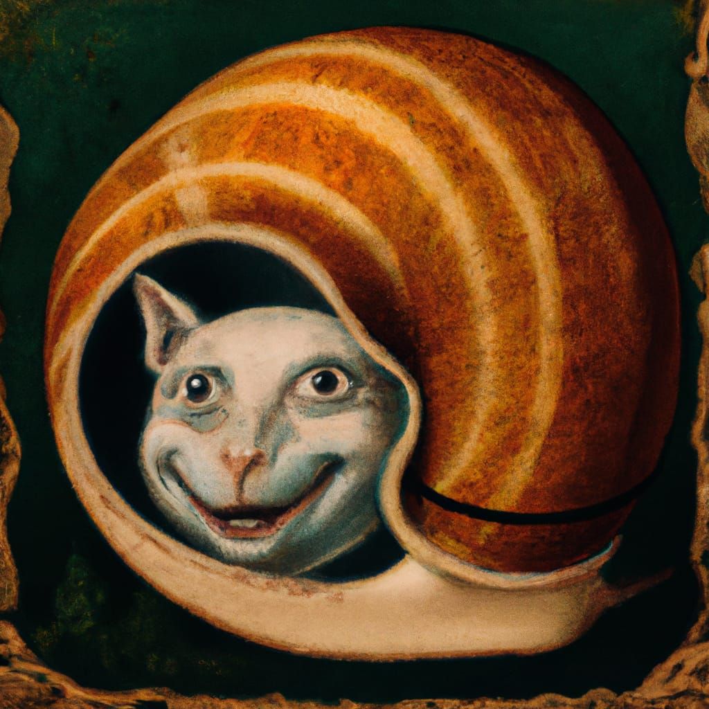 weird medieval painting of a cat inside a snail shell