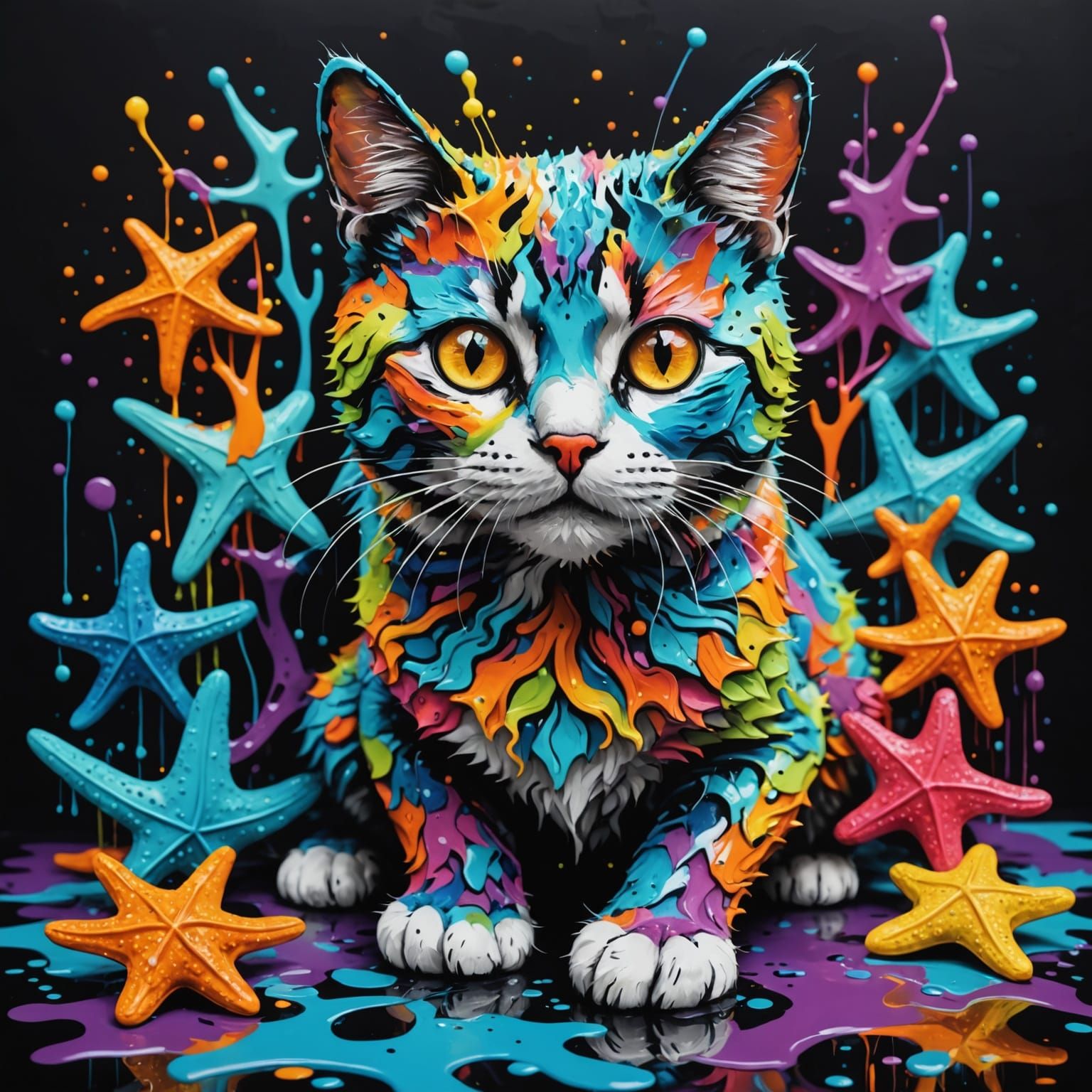 Vibrant Feline Sculpture from Oceanic Elements