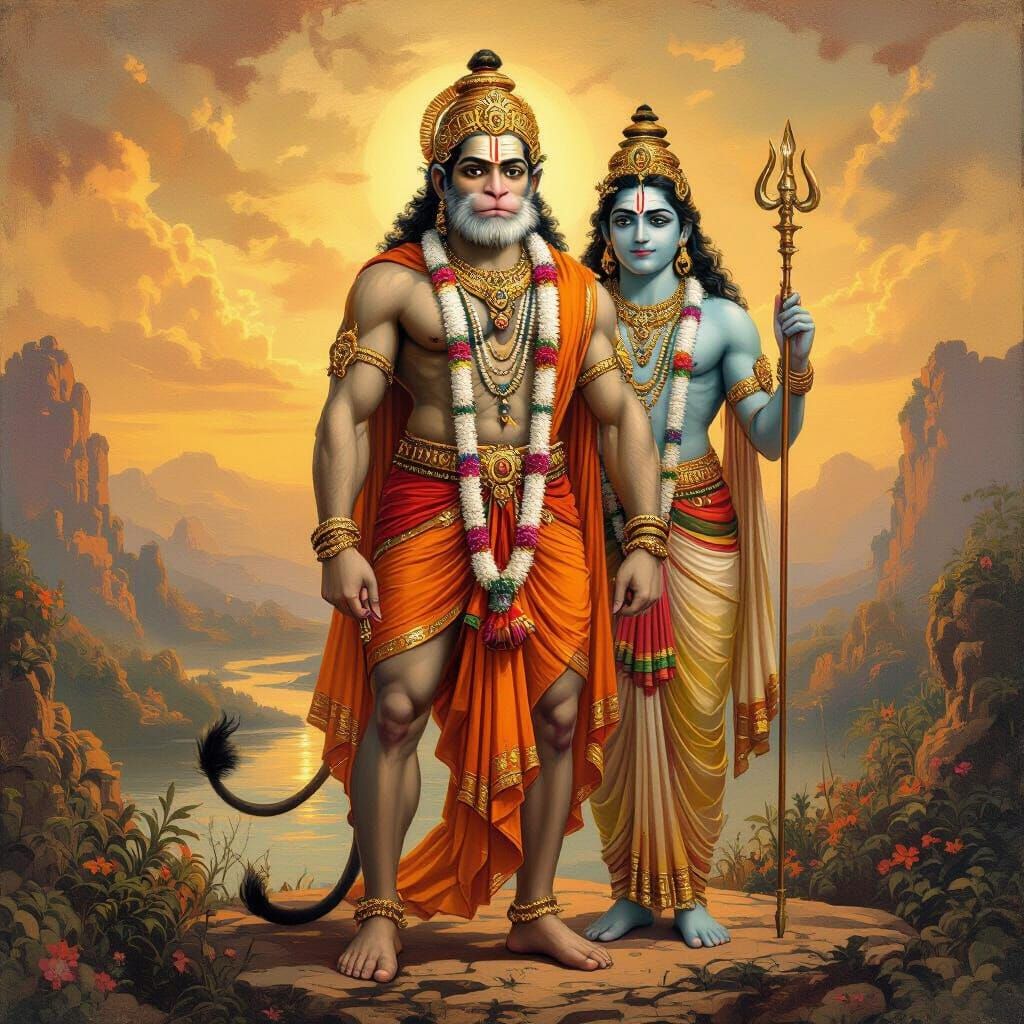 Hanuman and Lord Rama in Mythical Indian Landscape