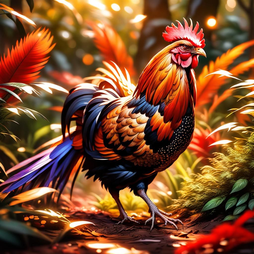 Hyperrealistic Red Junglefowl in Exotic Habitat