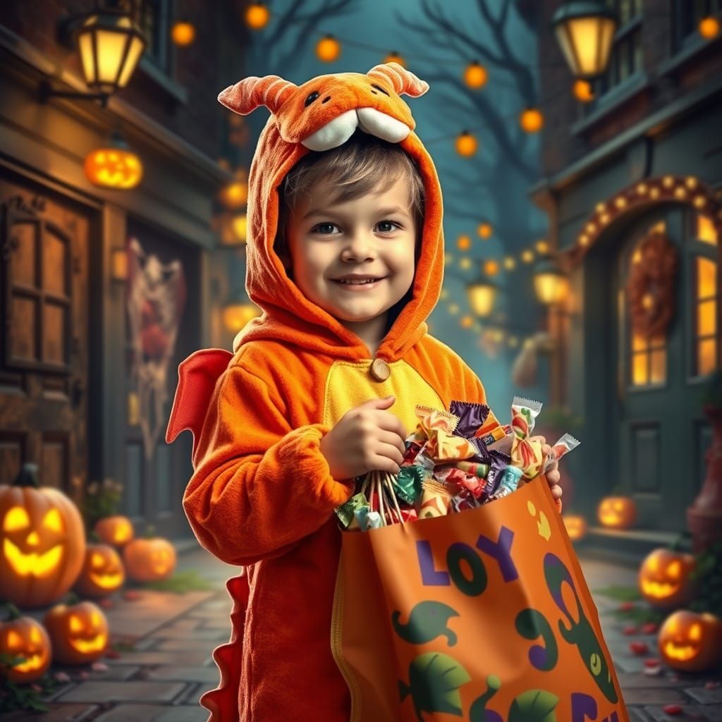 Boy in Dragon Costume on Halloween Night