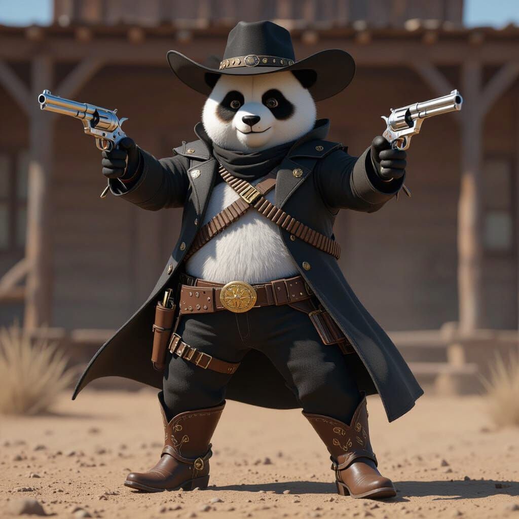 Panda Cowboy with Revolvers in Anime Art Style