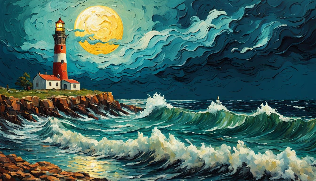 Impasto Moonrise Over Stormy Sea and Lighthouse