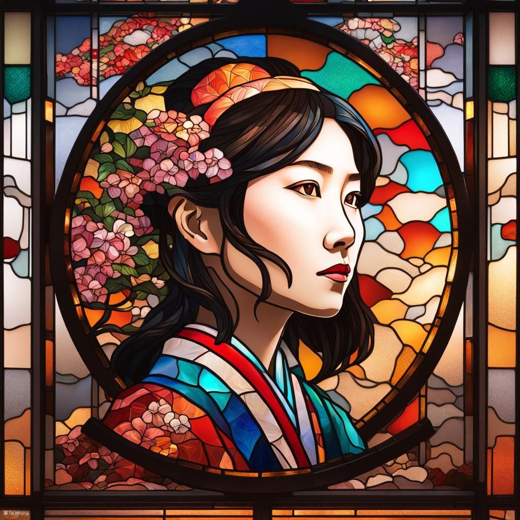 Stained Glass Mirror Portrait of Japanese Woman