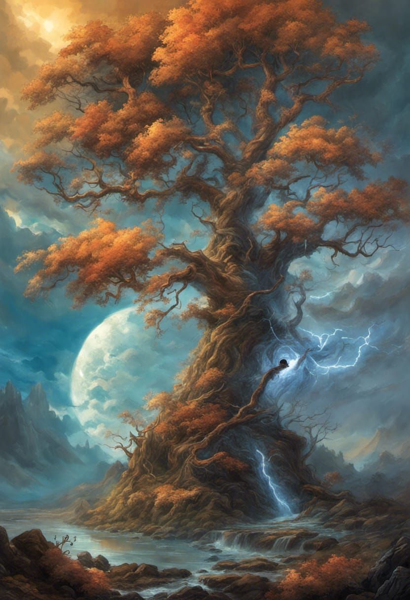 Eerie Tree with Crystal Canopy in Surreal Landscape