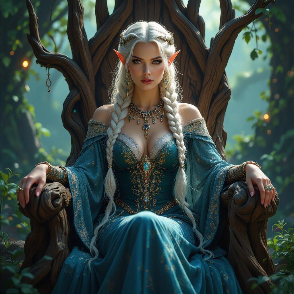 Elven Queen on Throne with Bioluminescent Flora