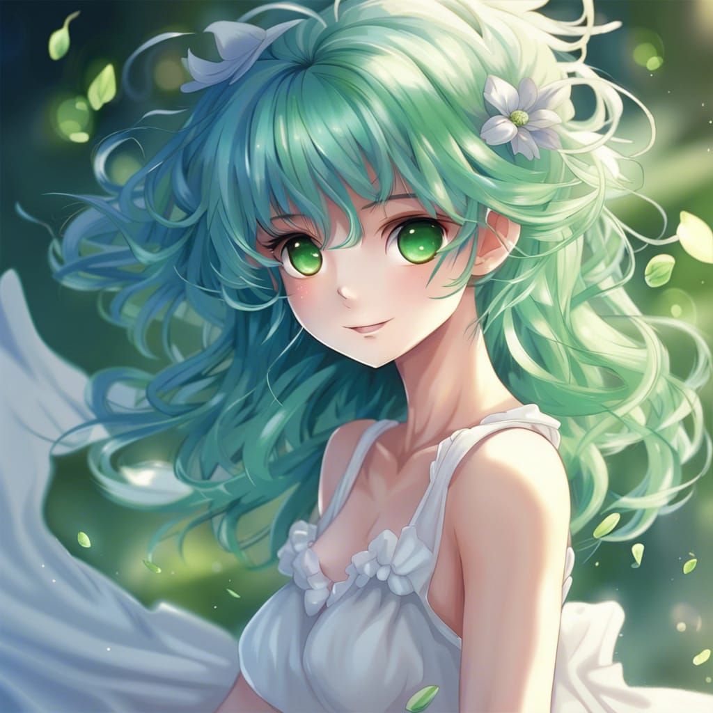 Anime Fairy Girl with Green Eyes and Wavy Hair