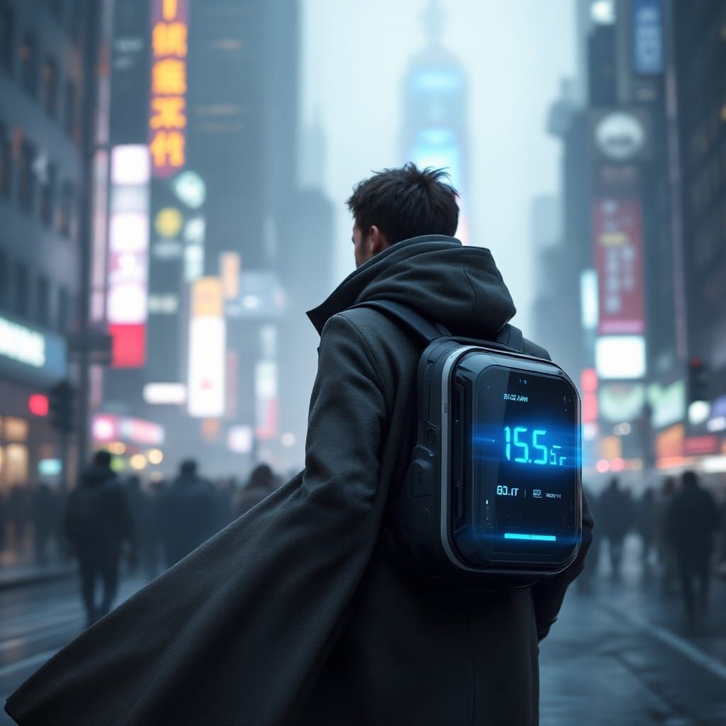 Futuristic Traveler in Smoggy City Skyline