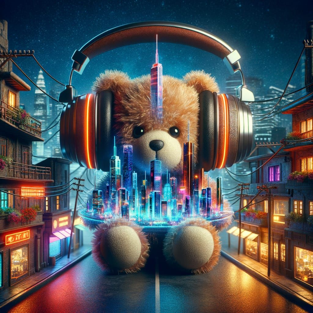 Cyberpunk Teddy Bear with Cityscape Headphones