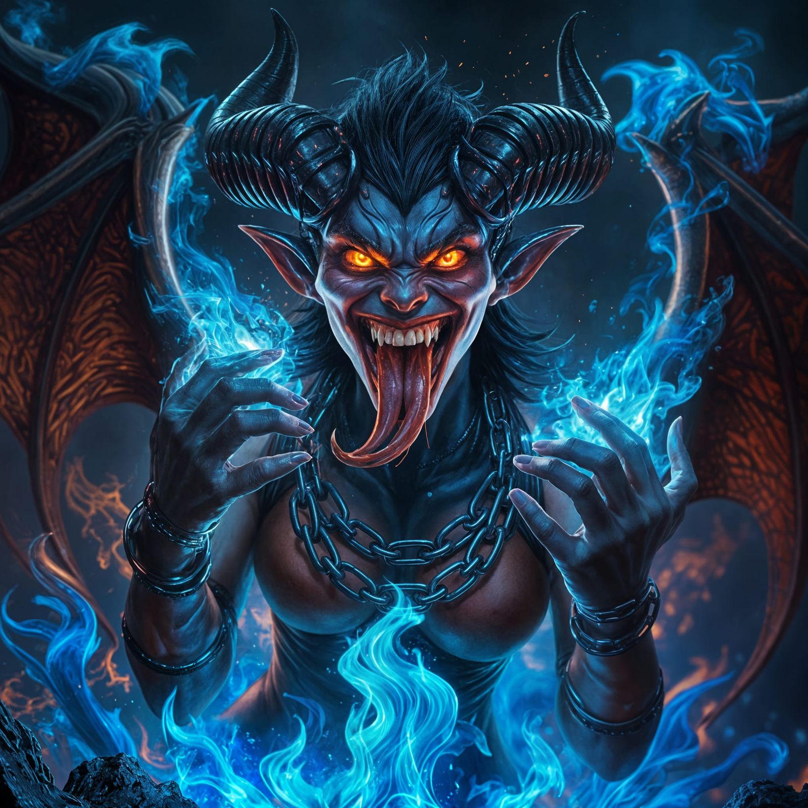 Fiery Demon Emerges from a Pit of Blue Flames