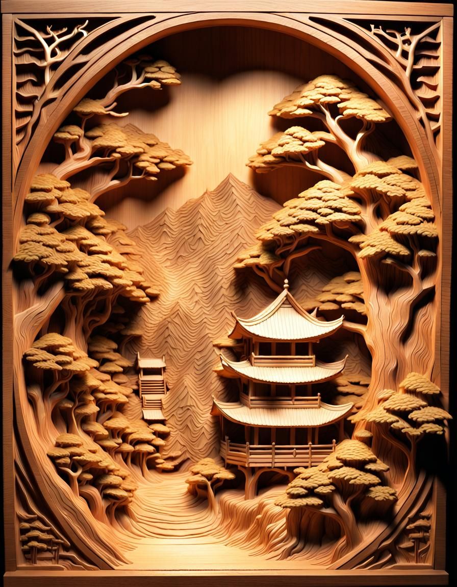 Japanese Landscape Carved in Wood with Light, 3D Model