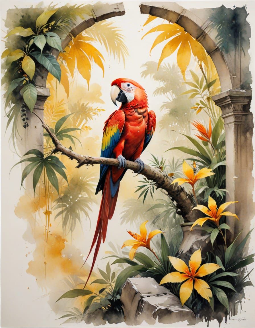 Scarlet Macaw on Stone Arch in Expressive Watercolor