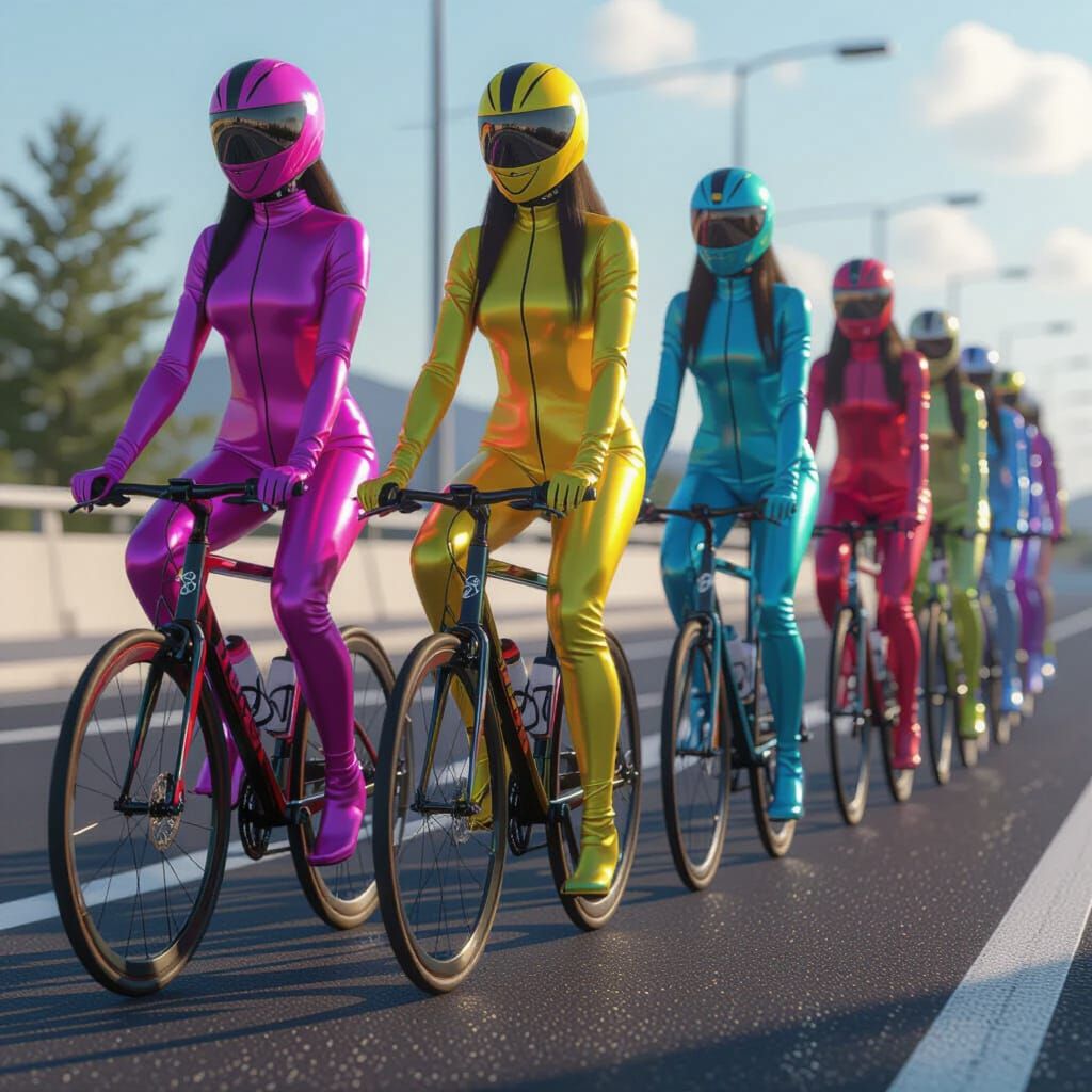 Women in Zentai and Overknee Boots on Racing Bikes