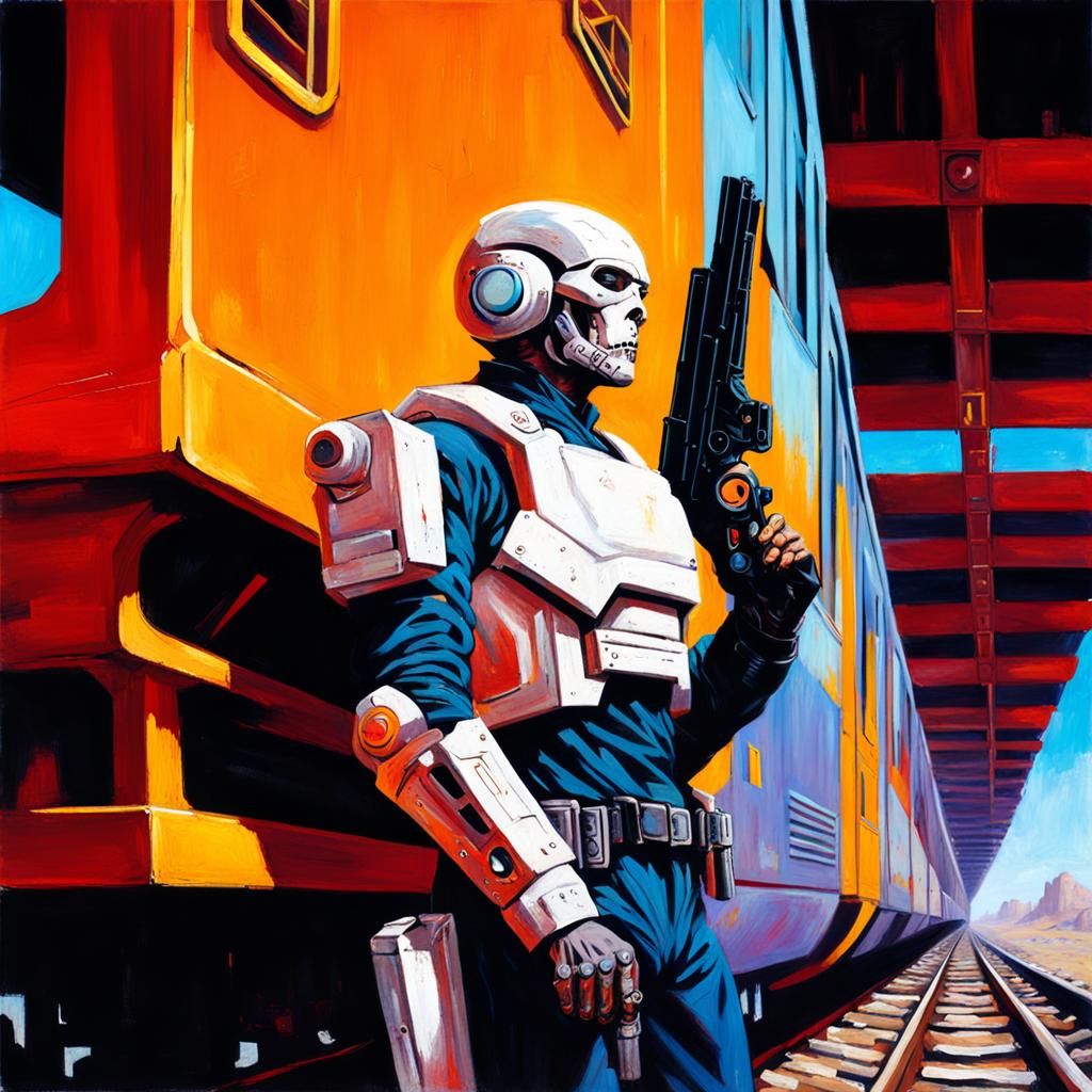 Cyborg Guarding Train: Oil Painting